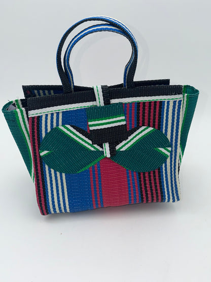 Candy Medium  handwoven tote bag by SCRUBIES in Green,Pink,Blue,White with Stripes design and Bow accent pattern