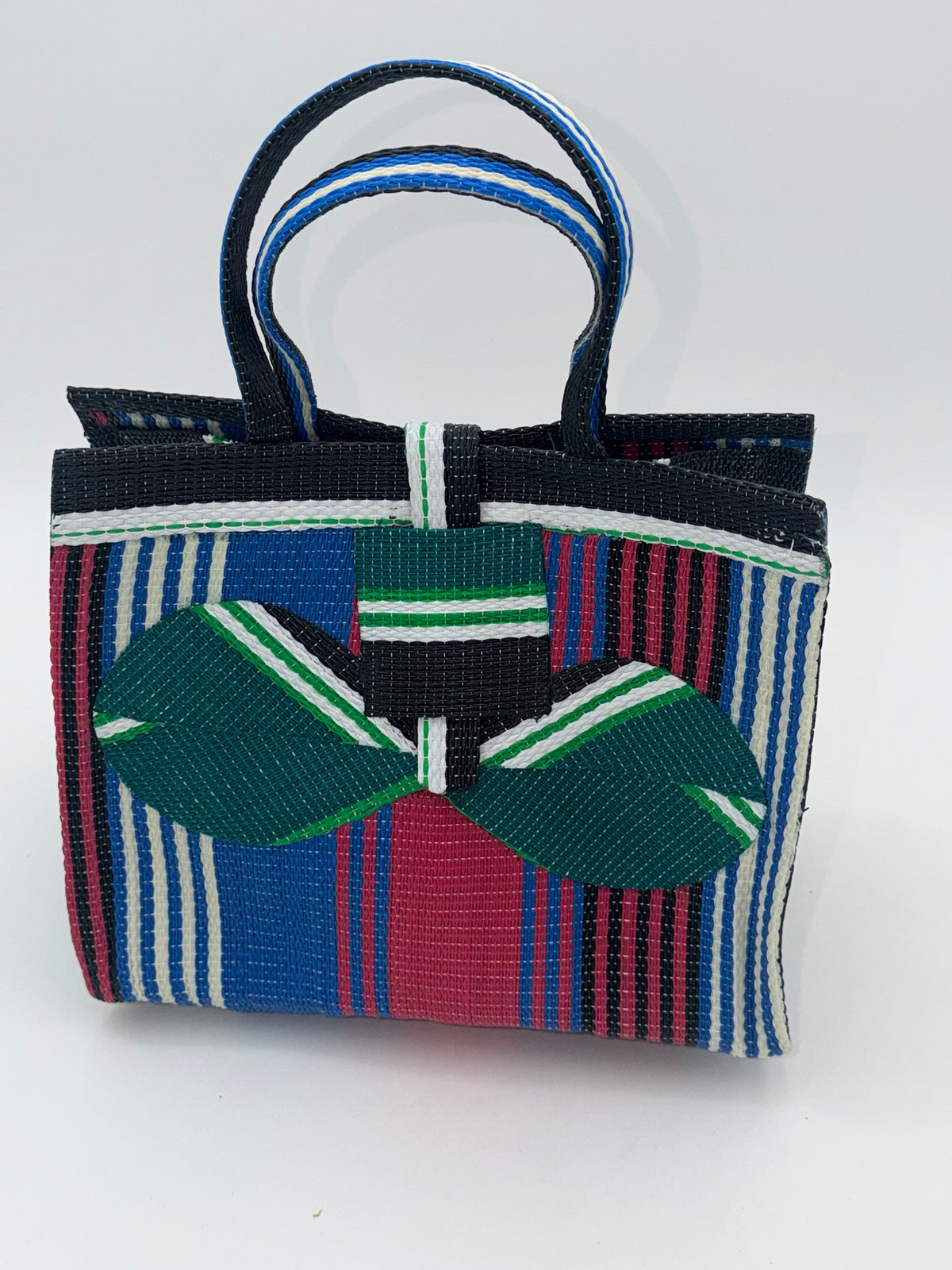 Candy Medium  handwoven tote bag by SCRUBIES in Green,Pink,Blue,White with Stripes design and Bow accent pattern