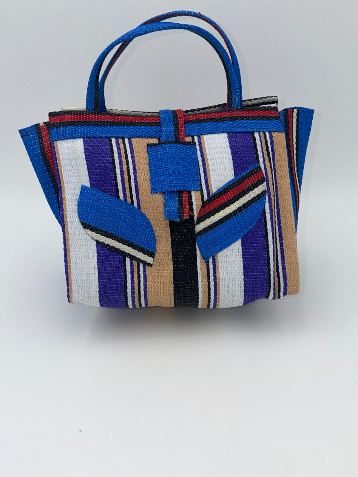 Lavender Medium  handwoven tote bag by SCRUBIES in Beige,White,Purplr,Black with Stripes design and Leaf accent pattern