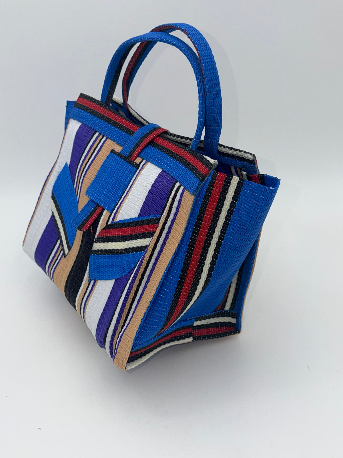 Lavender Medium  handwoven tote bag by SCRUBIES in Beige,White,Purplr,Black with Stripes design and Leaf accent pattern