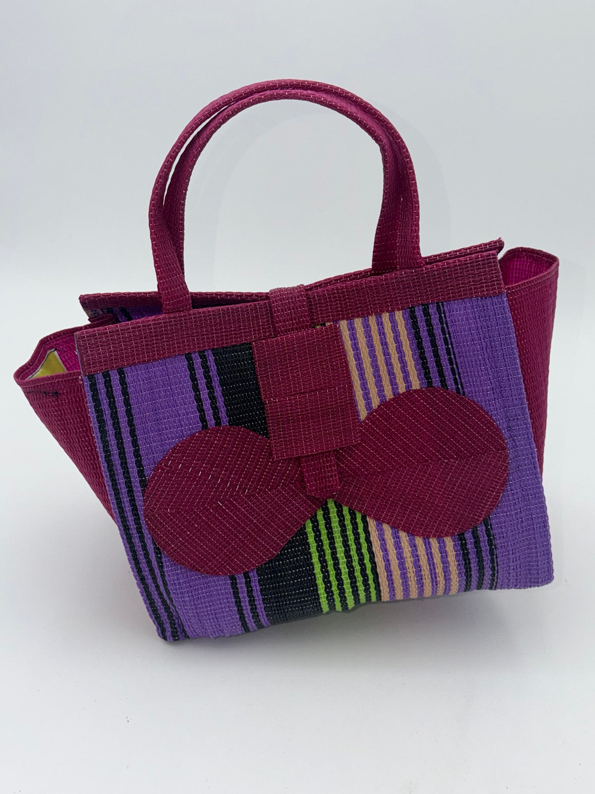 Lavender Medium  handwoven tote bag by SCRUBIES in Wine,Purple,Black with Stripes design and Bow accent pattern