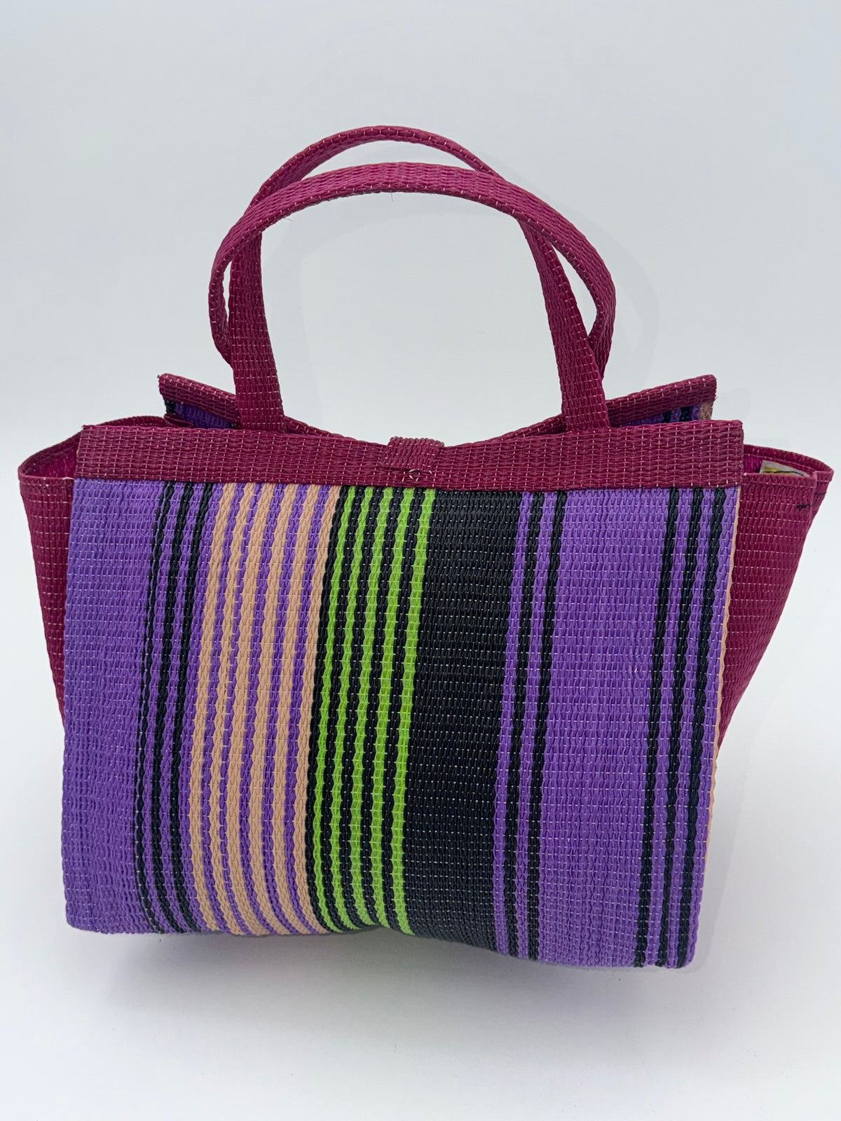 Lavender Medium  handwoven tote bag by SCRUBIES in Wine,Purple,Black with Stripes design and Bow accent pattern