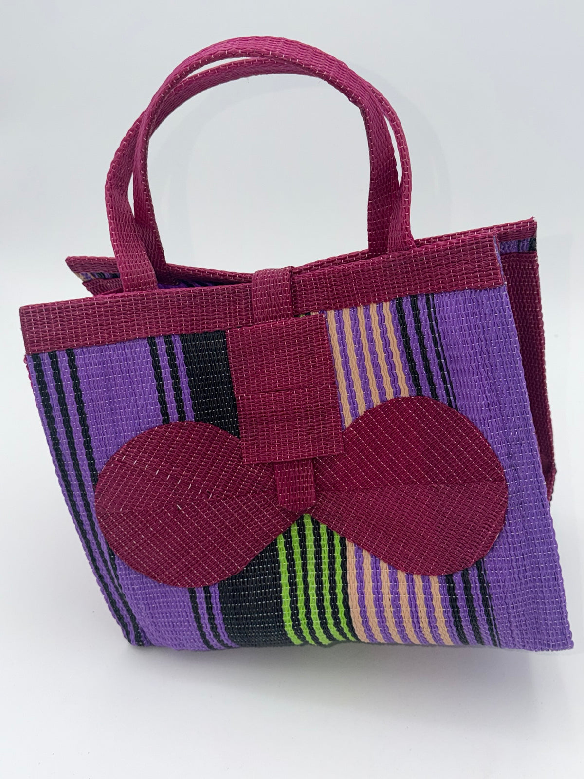 Lavender Medium  handwoven tote bag by SCRUBIES in Wine,Purple,Black with Stripes design and Bow accent pattern