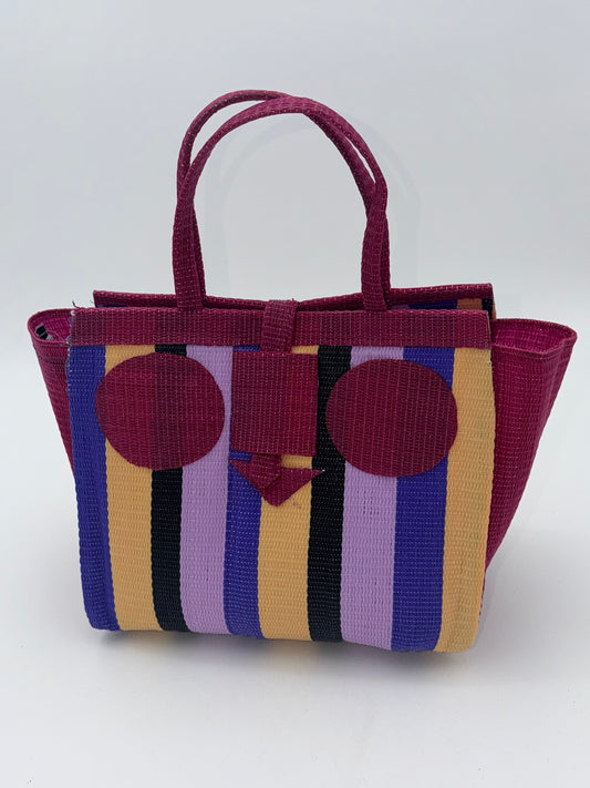 Lavender Medium  handwoven tote bag by SCRUBIES in Wine,Purple,Beige,Black with Stripes design and Circle accent pattern