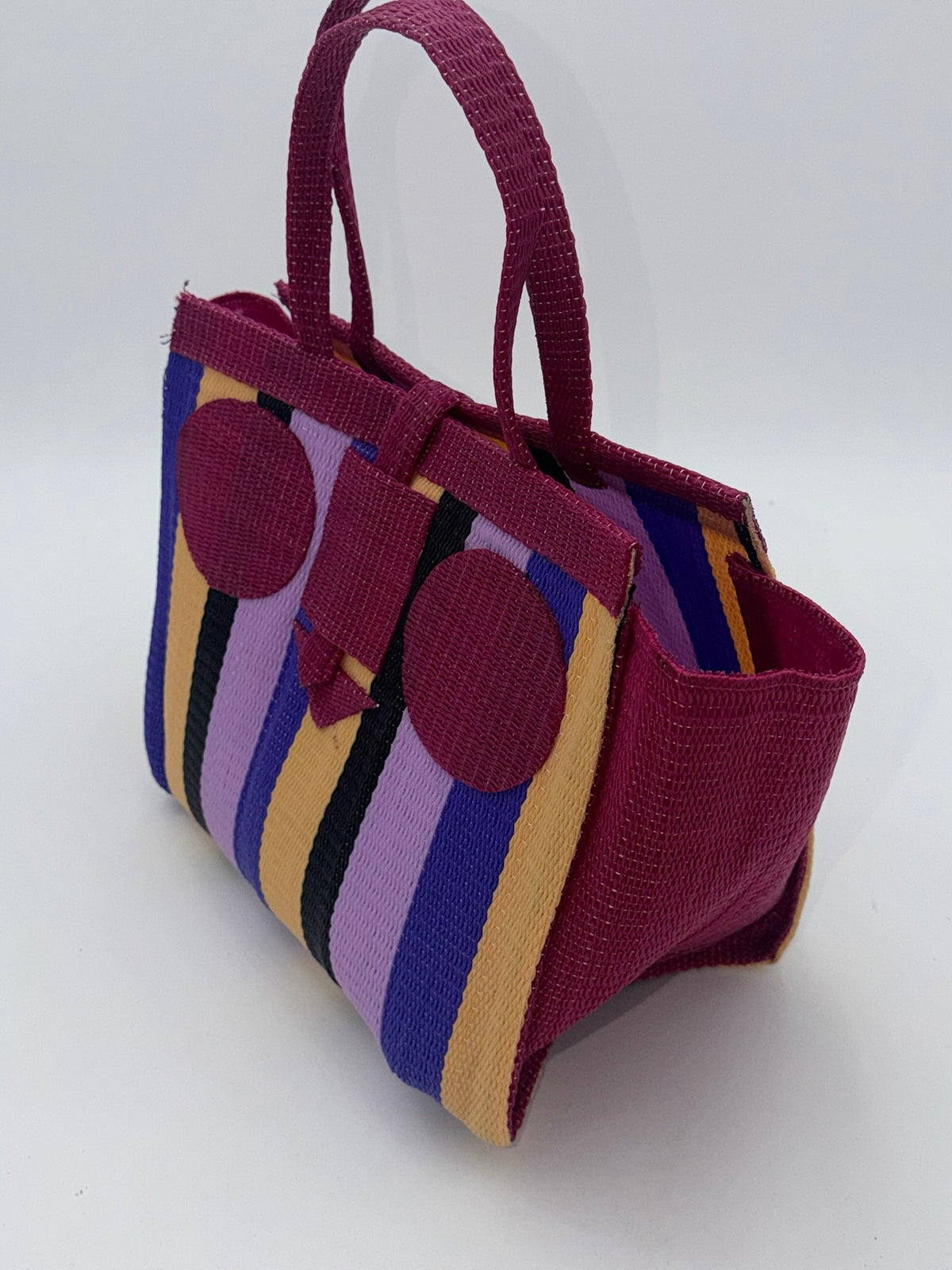Lavender Medium  handwoven tote bag by SCRUBIES in Wine,Purple,Beige,Black with Stripes design and Circle accent pattern