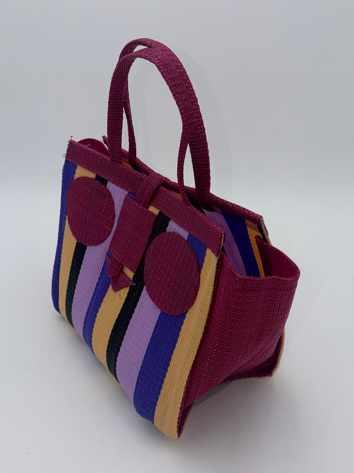Lavender Medium  handwoven tote bag by SCRUBIES in Wine,Purple,Beige,Black with Stripes design and Circle accent pattern