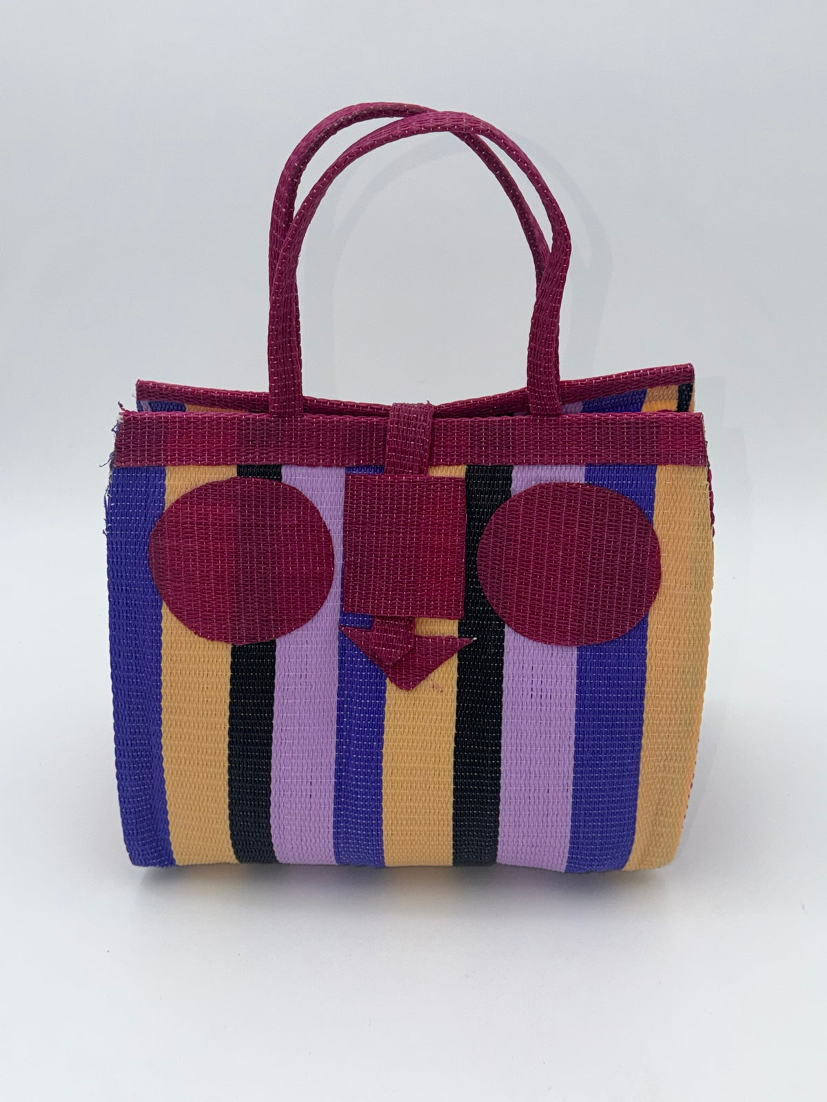 Lavender Medium  handwoven tote bag by SCRUBIES in Wine,Purple,Beige,Black with Stripes design and Circle accent pattern