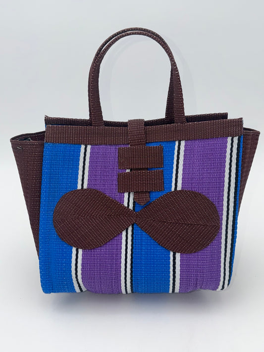 Lavender Medium  handwoven tote bag by SCRUBIES in Brown,Blue,Purple with Stripes design and Bow accent pattern