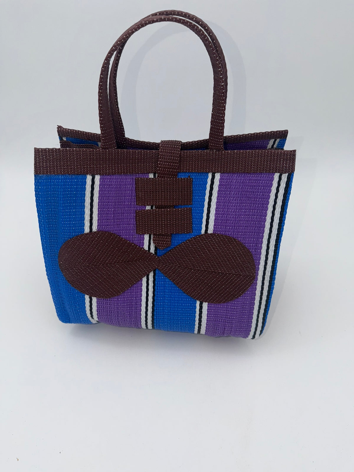 Lavender Medium  handwoven tote bag by SCRUBIES in Brown,Blue,Purple with Stripes design and Bow accent pattern