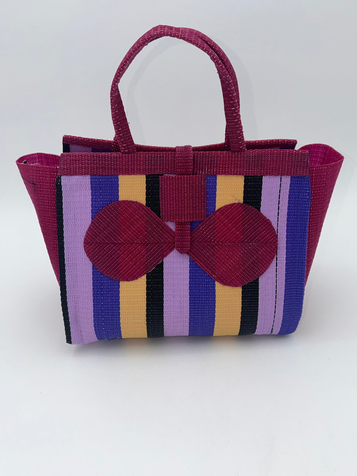 Lavender Medium  handwoven tote bag by SCRUBIES in Wine,Purple,Beige,Black with Stripes design and Bow accent pattern
