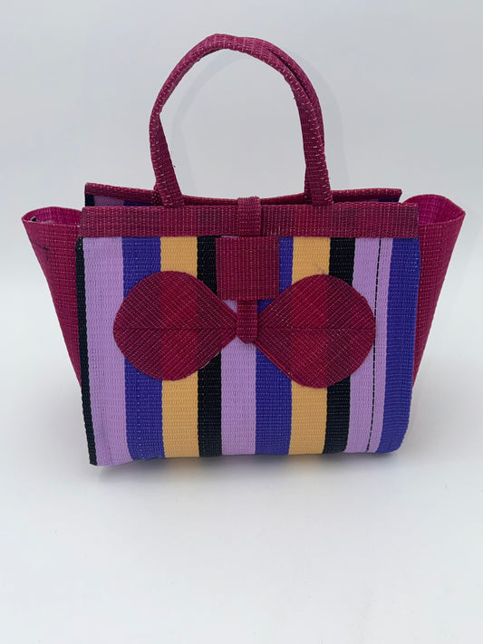Lavender Medium  handwoven tote bag by SCRUBIES in Wine,Purple,Beige,Black with Stripes design and Bow accent pattern