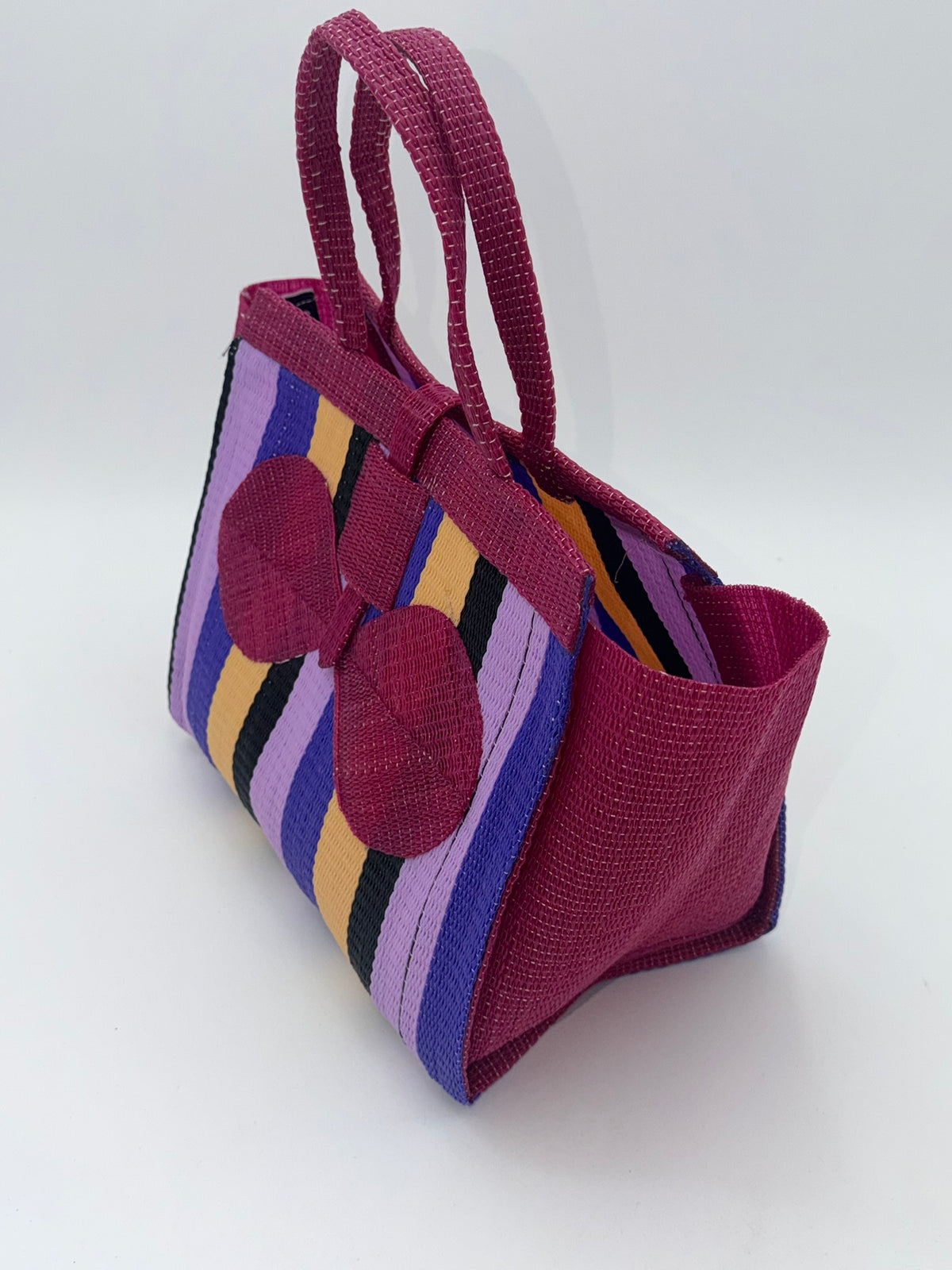 Lavender Medium  handwoven tote bag by SCRUBIES in Wine,Purple,Beige,Black with Stripes design and Bow accent pattern