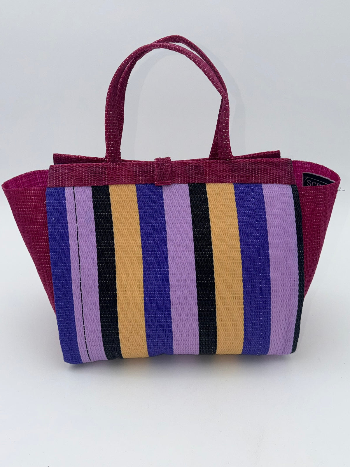 Lavender Medium  handwoven tote bag by SCRUBIES in Wine,Purple,Beige,Black with Stripes design and Bow accent pattern