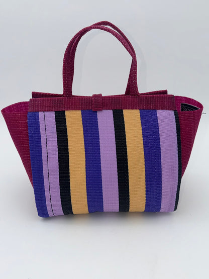 Lavender Medium  handwoven tote bag by SCRUBIES in Wine,Purple,Beige,Black with Stripes design and Bow accent pattern