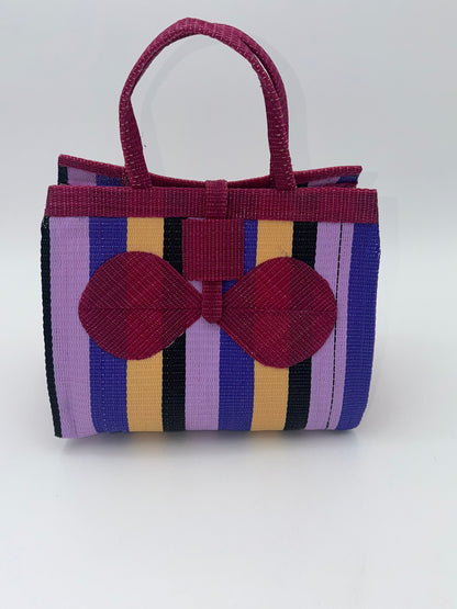 Lavender Medium  handwoven tote bag by SCRUBIES in Wine,Purple,Beige,Black with Stripes design and Bow accent pattern