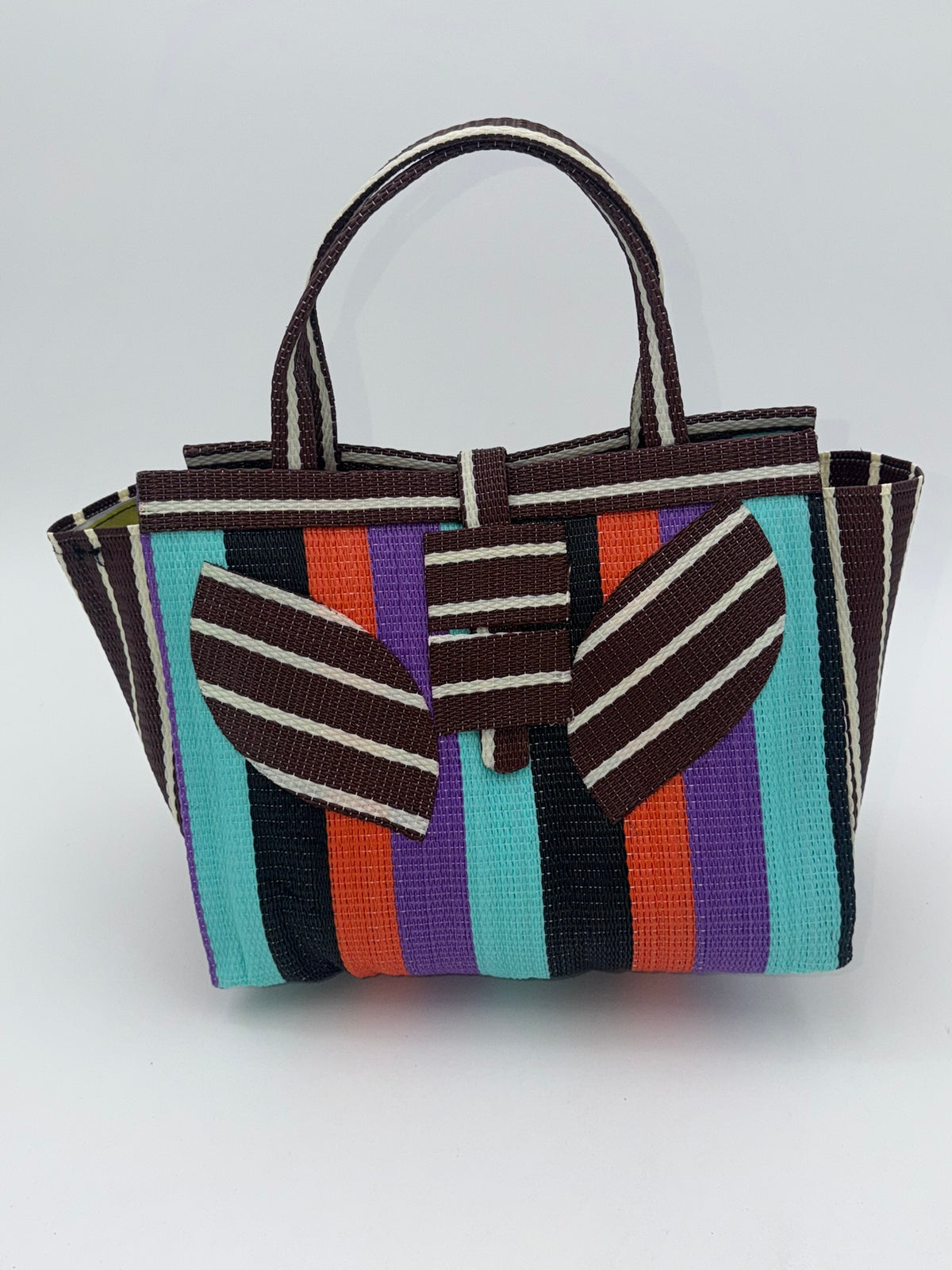 Candy Medium  handwoven tote bag by SCRUBIES in Brown,Teal,Black,Orange,Purple with Block design and Leaf accent pattern