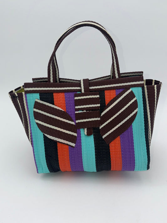 Candy Medium  handwoven tote bag by SCRUBIES in Brown,Teal,Black,Orange,Purple with Block design and Leaf accent pattern