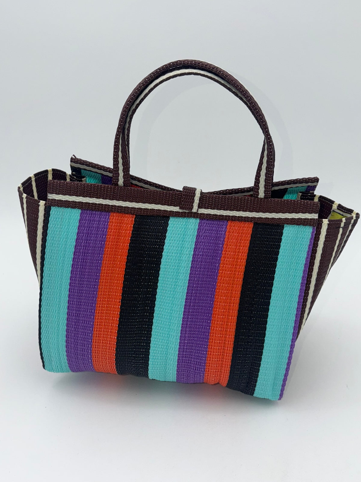 Candy Medium  handwoven tote bag by SCRUBIES in Brown,Teal,Black,Orange,Purple with Block design and Leaf accent pattern
