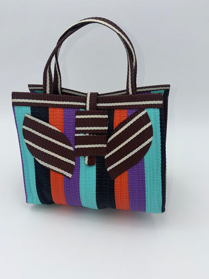Candy Medium  handwoven tote bag by SCRUBIES in Brown,Teal,Black,Orange,Purple with Block design and Leaf accent pattern