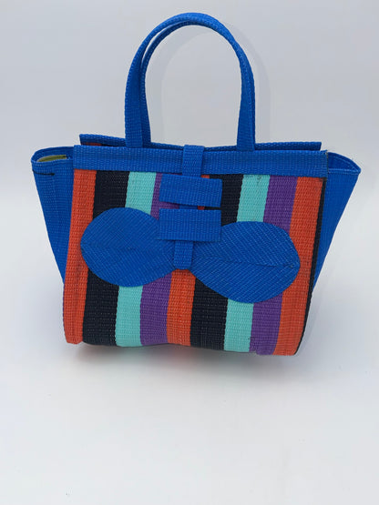 Candy Medium  handwoven tote bag by SCRUBIES in Blue,Teal,Black,Orange,Purple with Block design and Bow accent pattern