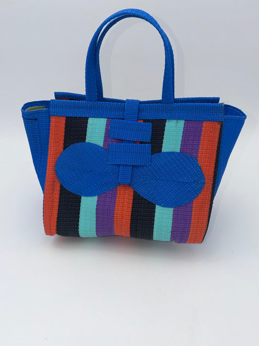Candy Medium  handwoven tote bag by SCRUBIES in Blue,Teal,Black,Orange,Purple with Block design and Bow accent pattern