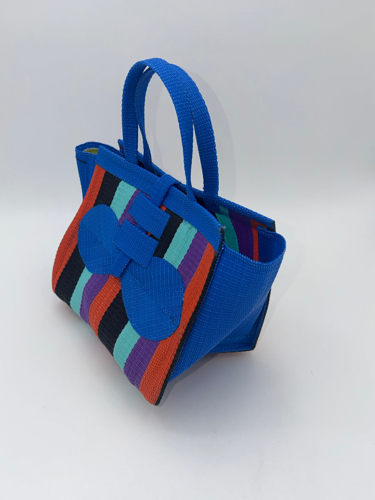 Candy Medium  handwoven tote bag by SCRUBIES in Blue,Teal,Black,Orange,Purple with Block design and Bow accent pattern