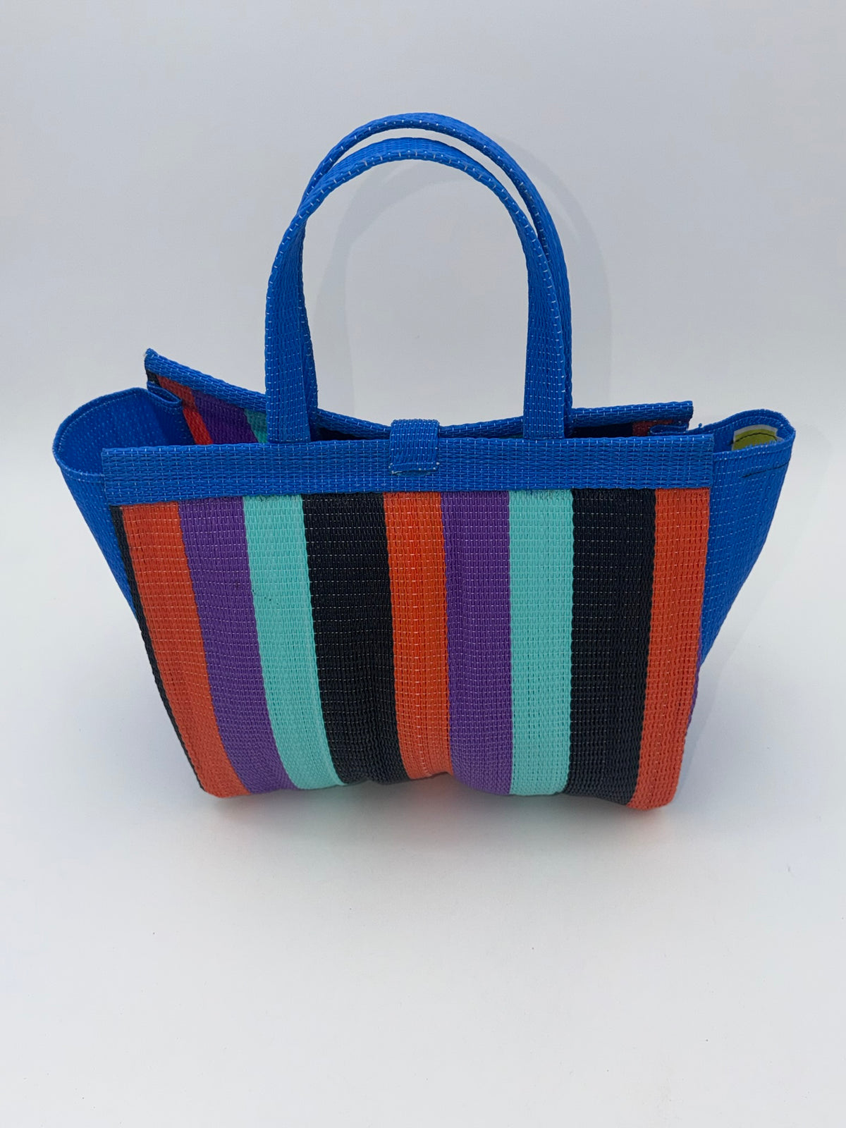 Candy Medium  handwoven tote bag by SCRUBIES in Blue,Teal,Black,Orange,Purple with Block design and Bow accent pattern