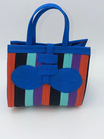 Candy Medium  handwoven tote bag by SCRUBIES in Blue,Teal,Black,Orange,Purple with Block design and Bow accent pattern