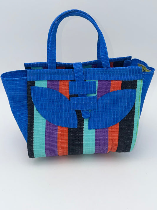 Candy Medium  handwoven tote bag by SCRUBIES in Blue,Teal,Black,Orange,Purple with Block design and Leaf accent pattern