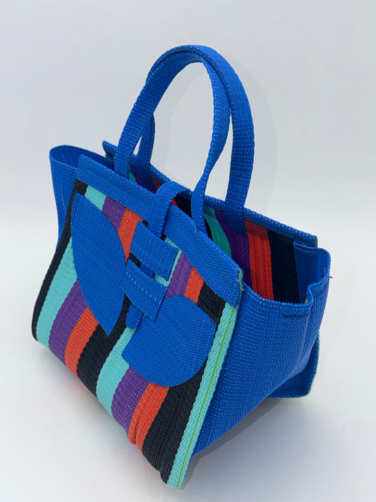 Candy Medium  handwoven tote bag by SCRUBIES in Blue,Teal,Black,Orange,Purple with Block design and Leaf accent pattern