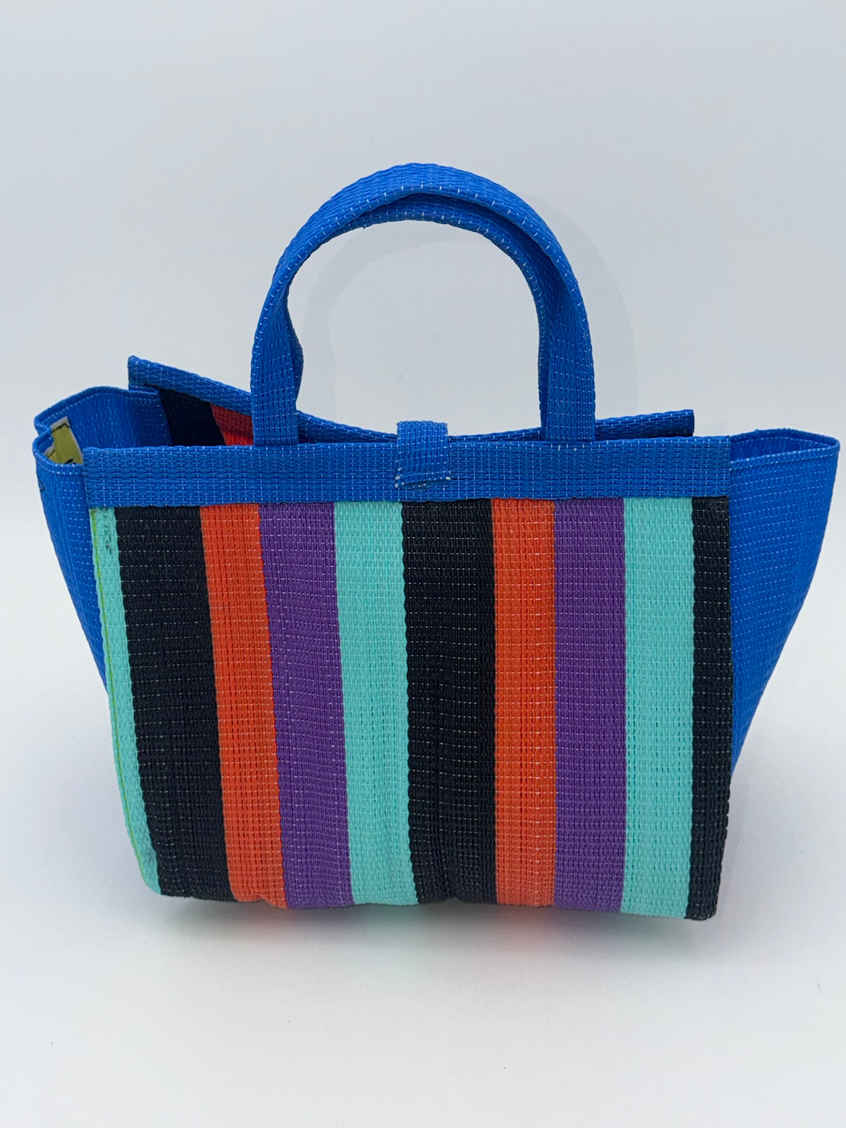 Candy Medium  handwoven tote bag by SCRUBIES in Blue,Teal,Black,Orange,Purple with Block design and Leaf accent pattern