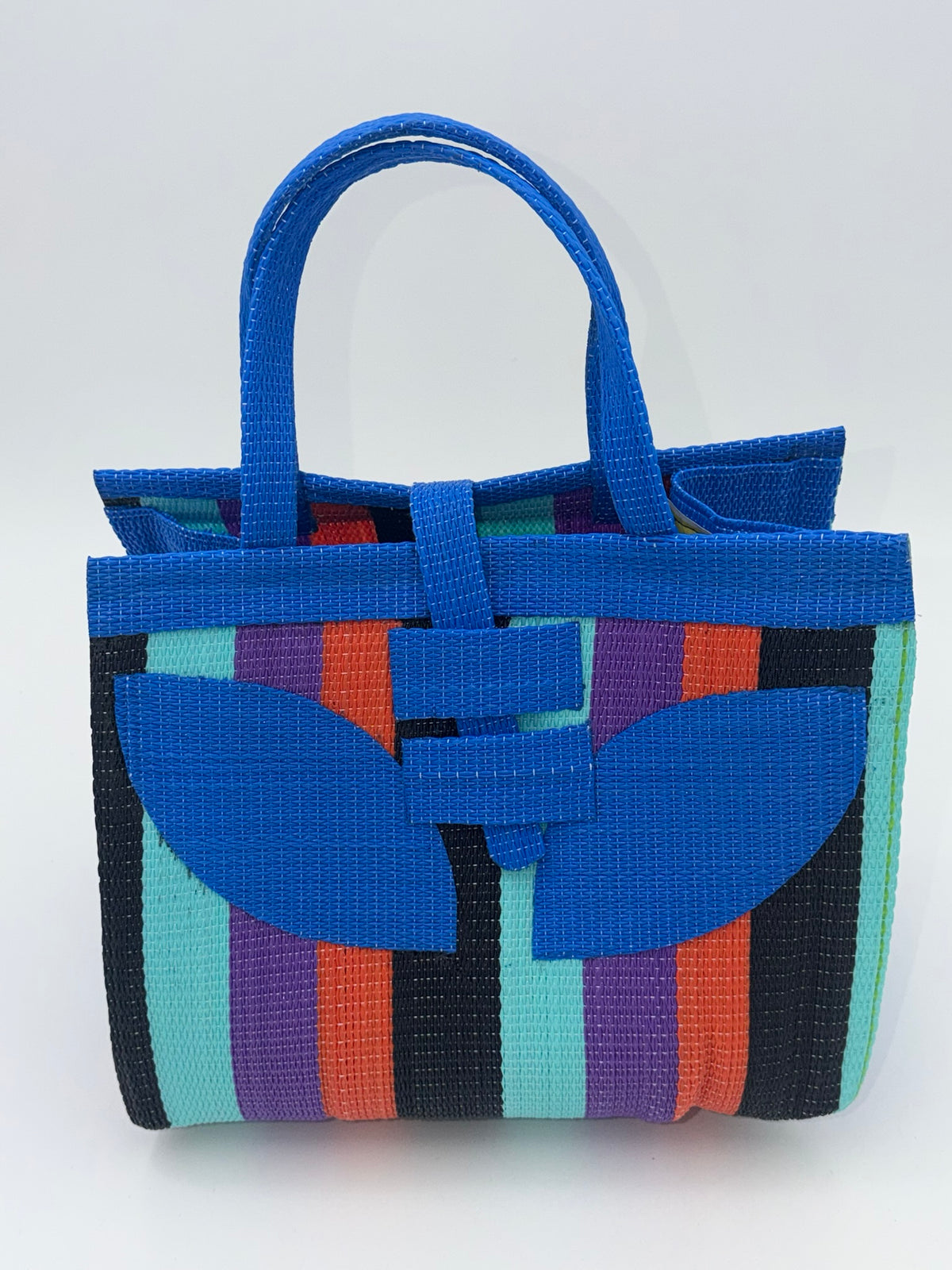 Candy Medium  handwoven tote bag by SCRUBIES in Blue,Teal,Black,Orange,Purple with Block design and Leaf accent pattern