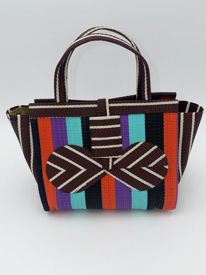 Candy Medium  handwoven tote bag by SCRUBIES in Brown,Teal,Black,Orange,Purple with Block design and Bow accent pattern