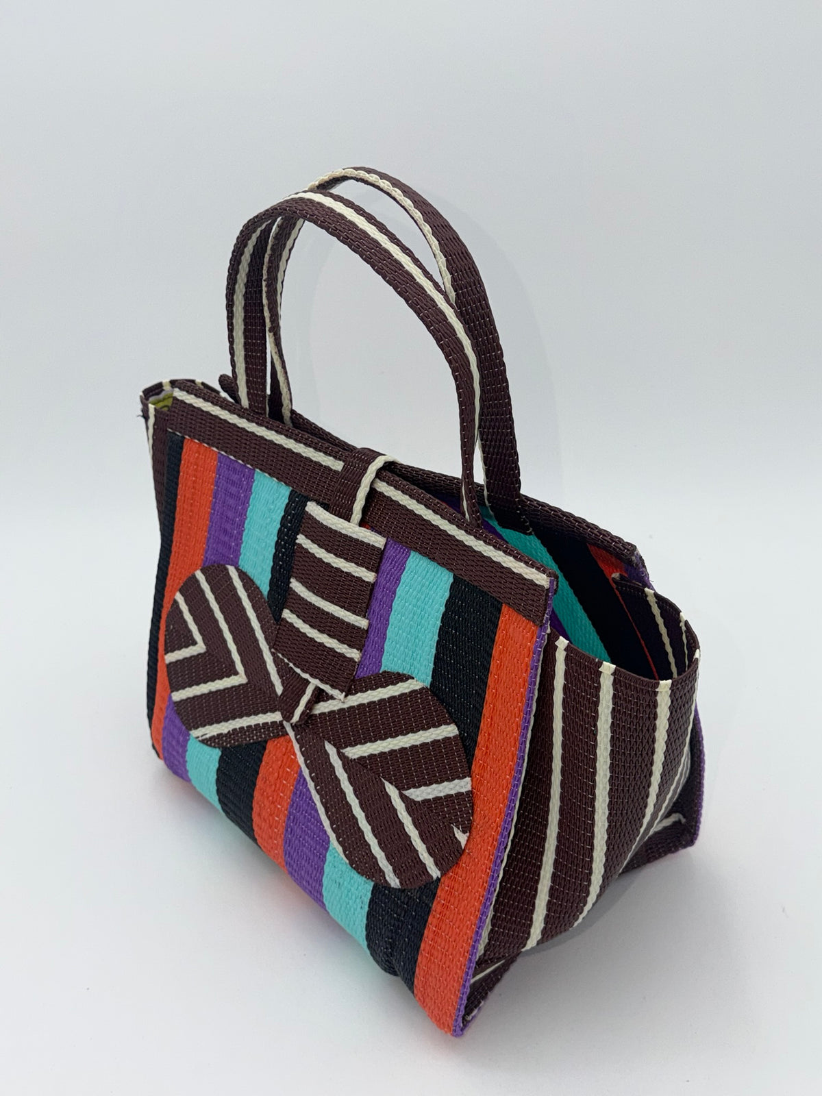 Candy Medium  handwoven tote bag by SCRUBIES in Brown,Teal,Black,Orange,Purple with Block design and Bow accent pattern