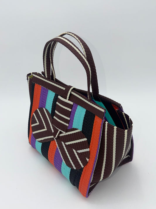 Candy Medium  handwoven tote bag by SCRUBIES in Brown,Teal,Black,Orange,Purple with Block design and Bow accent pattern