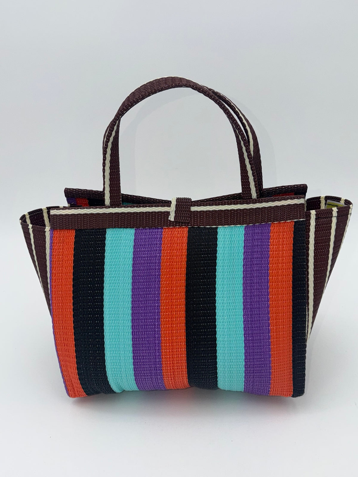 Candy Medium  handwoven tote bag by SCRUBIES in Brown,Teal,Black,Orange,Purple with Block design and Bow accent pattern