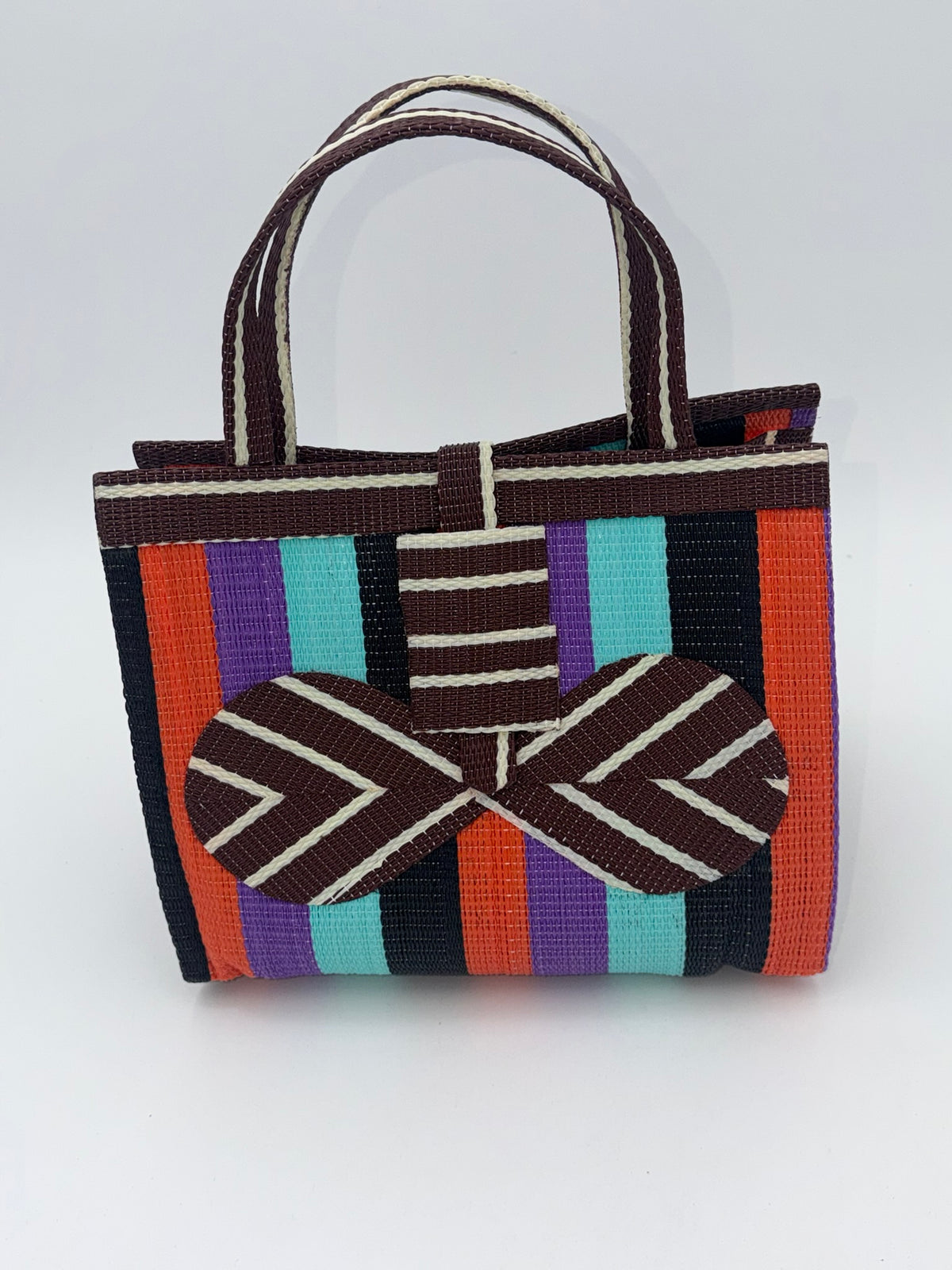 Candy Medium  handwoven tote bag by SCRUBIES in Brown,Teal,Black,Orange,Purple with Block design and Bow accent pattern