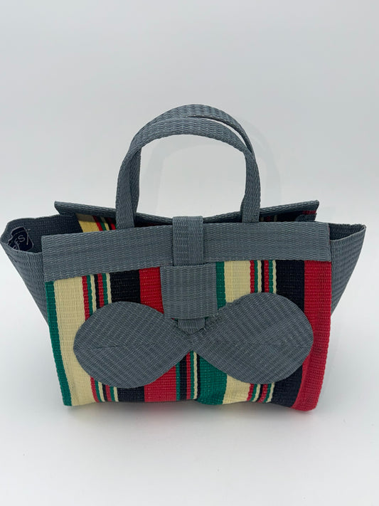 Arabian Medium  handwoven tote bag by SCRUBIES in Gray,Cream,Black,Red,Green with Stripes design and Bow accent pattern