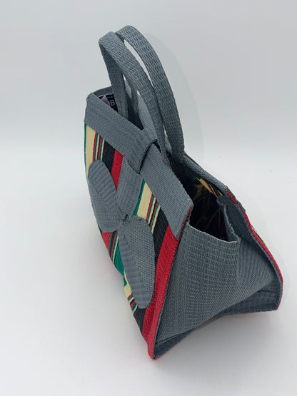 Arabian Medium  handwoven tote bag by SCRUBIES in Gray,Cream,Black,Red,Green with Stripes design and Bow accent pattern