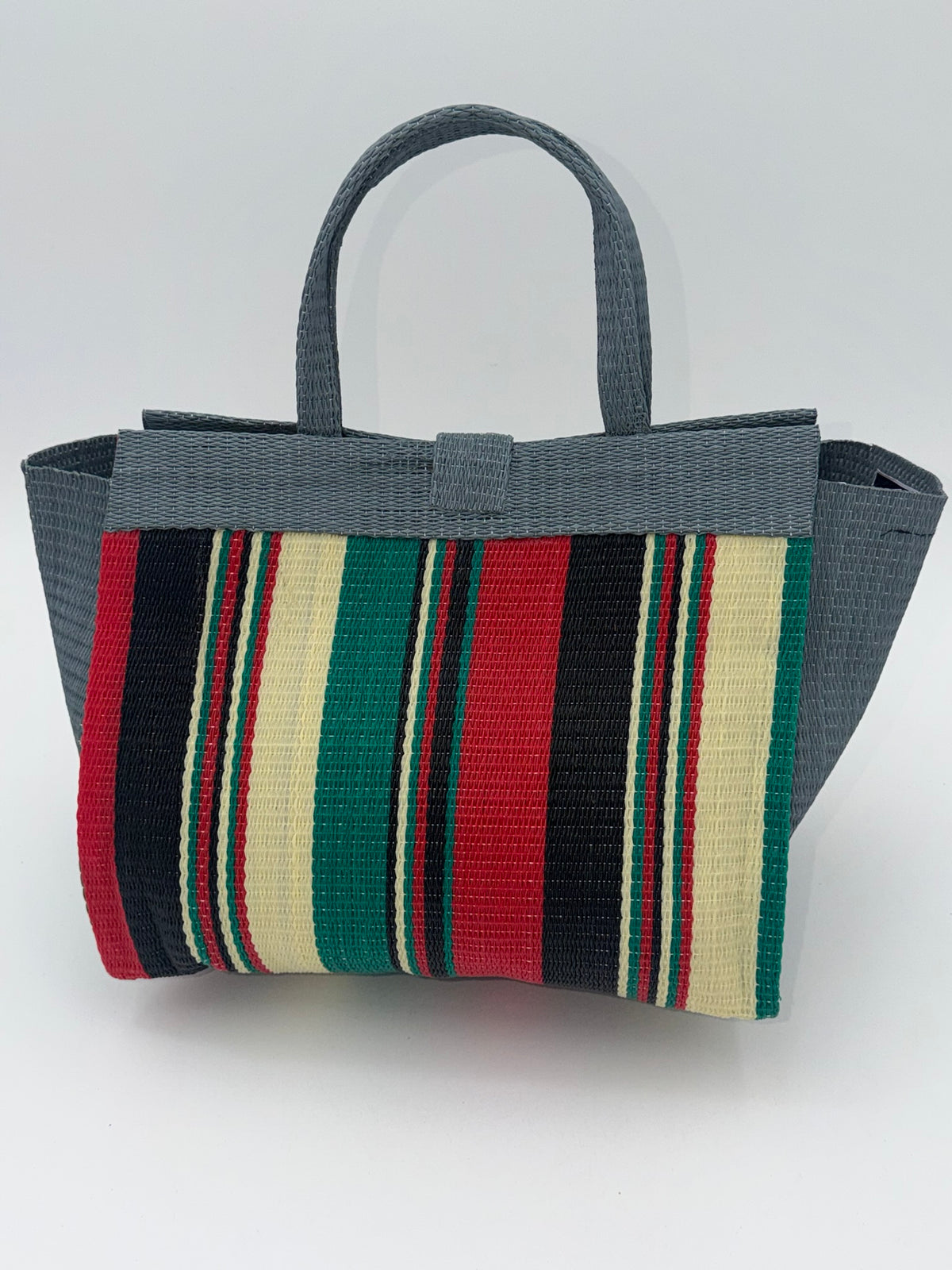 Arabian Medium  handwoven tote bag by SCRUBIES in Gray,Cream,Black,Red,Green with Stripes design and Bow accent pattern