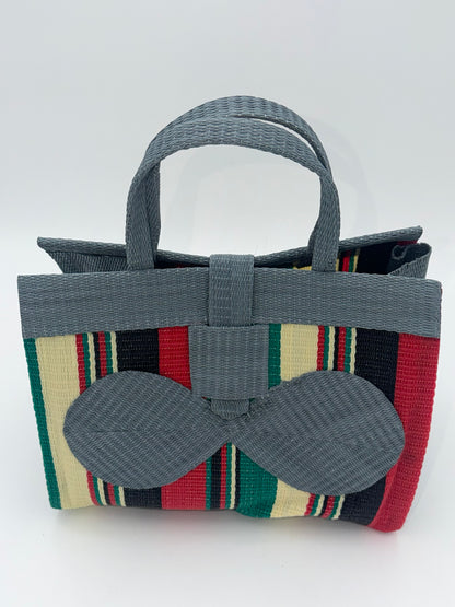 Arabian Medium  handwoven tote bag by SCRUBIES in Gray,Cream,Black,Red,Green with Stripes design and Bow accent pattern