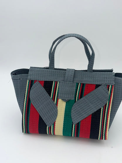 Arabian Medium  handwoven tote bag by SCRUBIES in Gray,Cream,Black,Red,Green with Stripes design and Leaf accent pattern