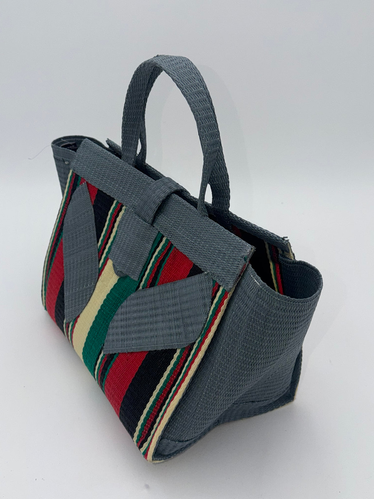 Arabian Medium  handwoven tote bag by SCRUBIES in Gray,Cream,Black,Red,Green with Stripes design and Leaf accent pattern