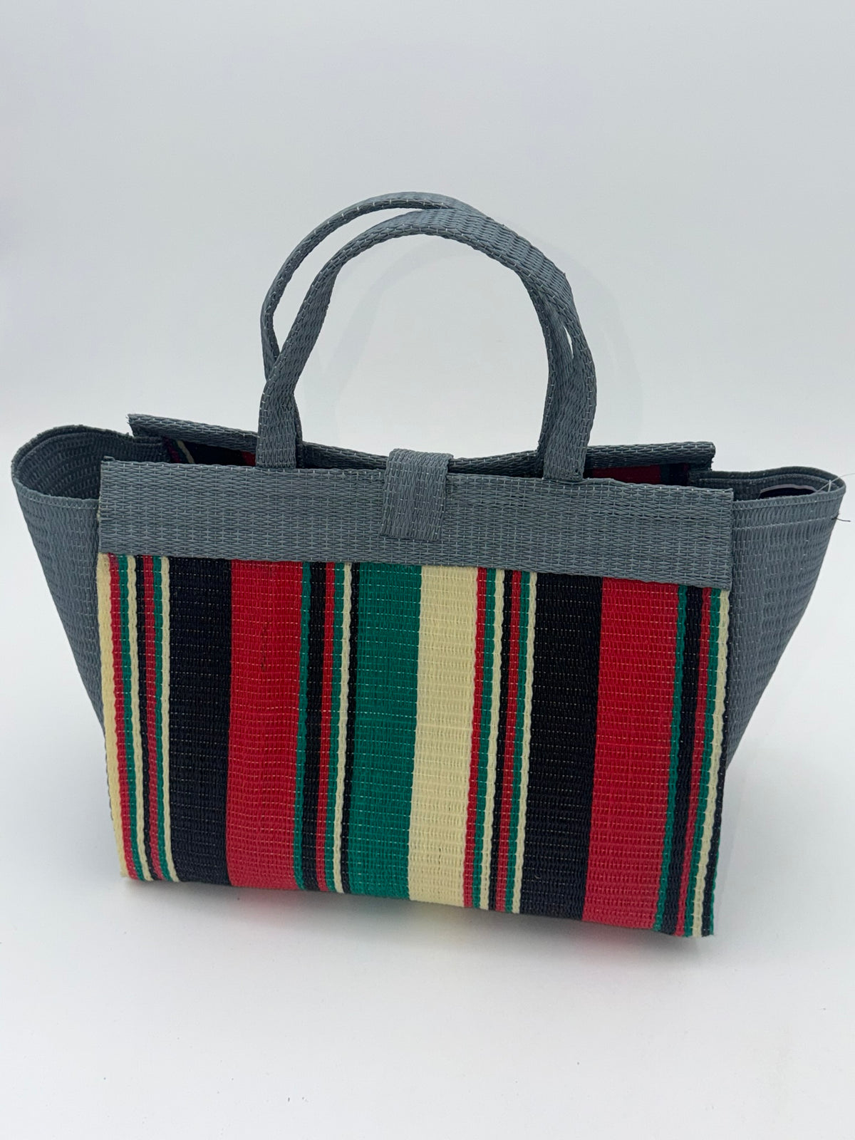 Arabian Medium  handwoven tote bag by SCRUBIES in Gray,Cream,Black,Red,Green with Stripes design and Leaf accent pattern