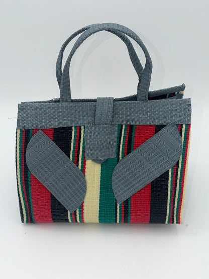 Arabian Medium  handwoven tote bag by SCRUBIES in Gray,Cream,Black,Red,Green with Stripes design and Leaf accent pattern