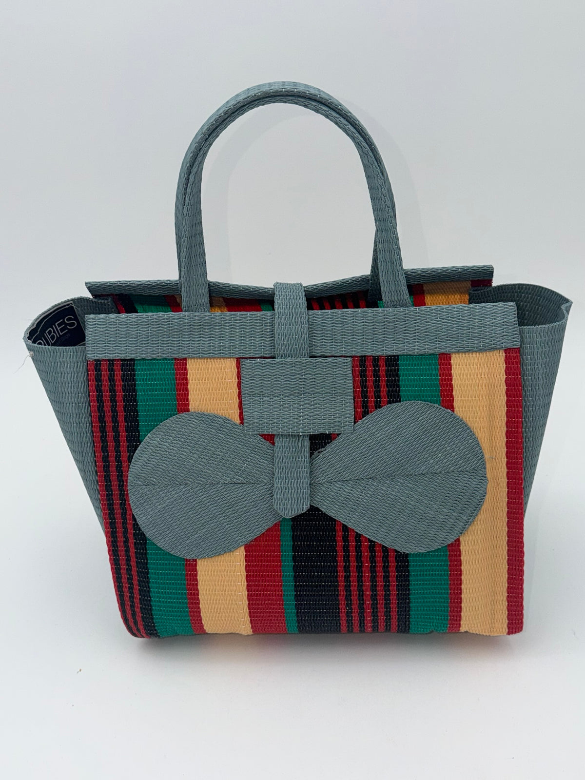 Arabian Medium  handwoven tote bag by SCRUBIES in Gray,Cream,Black,Red,Green with Stripes design and Bow accent pattern