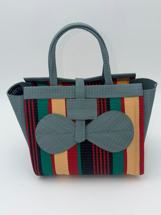 Arabian Medium  handwoven tote bag by SCRUBIES in Gray,Cream,Black,Red,Green with Stripes design and Bow accent pattern