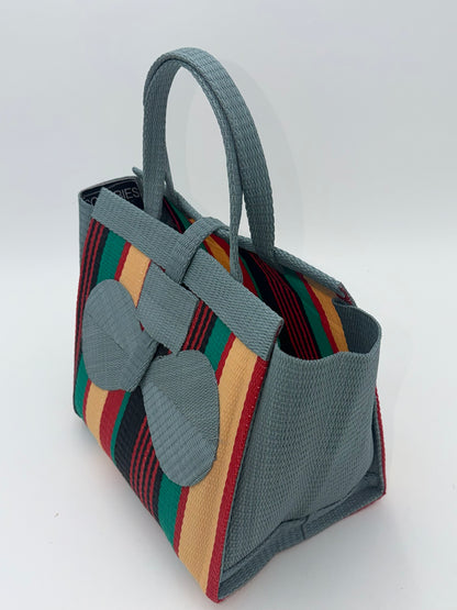 Arabian Medium  handwoven tote bag by SCRUBIES in Gray,Cream,Black,Red,Green with Stripes design and Bow accent pattern