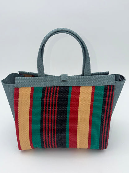 Arabian Medium  handwoven tote bag by SCRUBIES in Gray,Cream,Black,Red,Green with Stripes design and Bow accent pattern