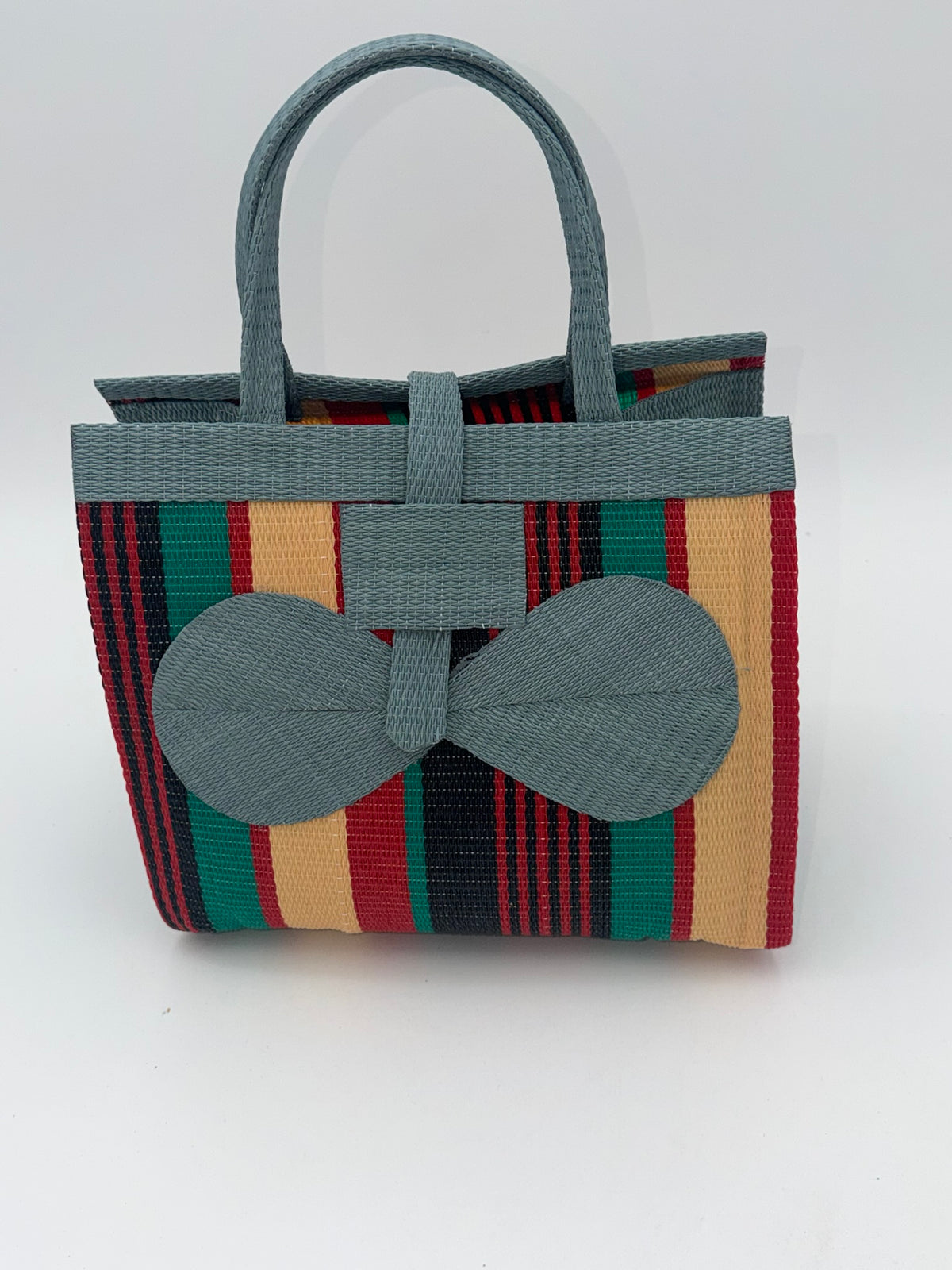 Arabian Medium  handwoven tote bag by SCRUBIES in Gray,Cream,Black,Red,Green with Stripes design and Bow accent pattern